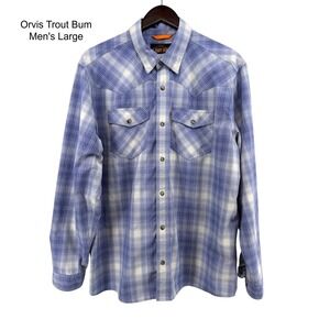 Orvis Trout Bum Mens Large Blue Plaid Western Snap Front Long Sleeve Shirt